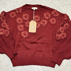 Listicle Sweater Women Small Crimson Ruby Hand Embroidered Floral Waffle Soft